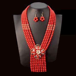 Handmade multi layered red pearl jewelry set